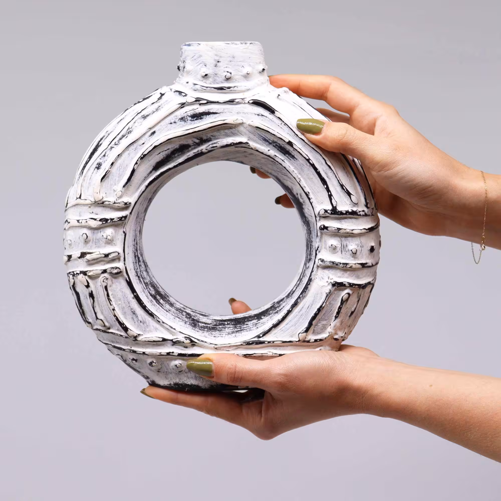 Round Donut Shaped Vase – Cream 23cm | www.artisan-gifts.co.uk 3 Round Donut Shaped Vase - Cream 23cm - Image 2