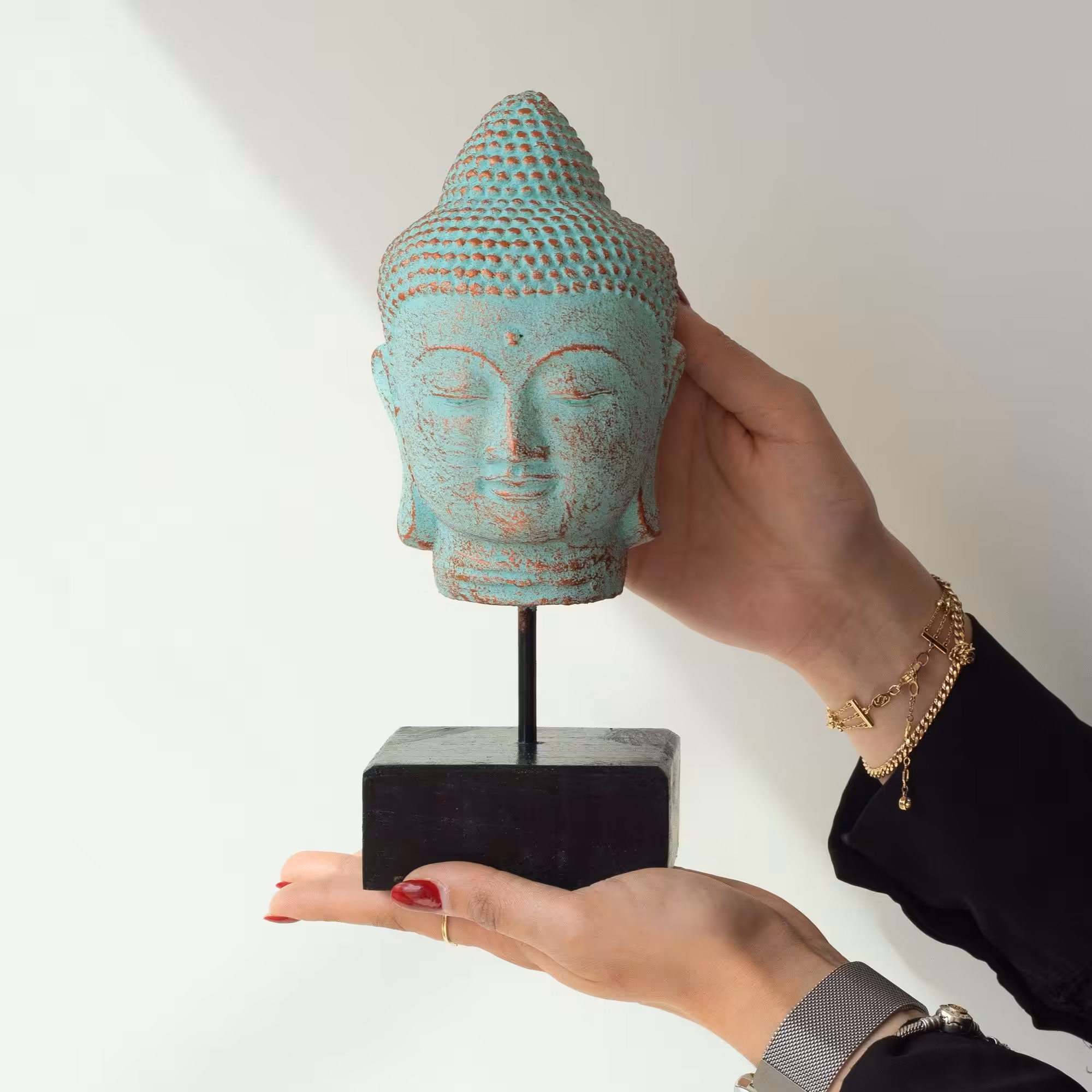 Stillness Buddha Head on Stand – Green Copper | www.artisan-gifts.co.uk 4 Stillness Buddha Head on Stand - Green Copper - Image 3