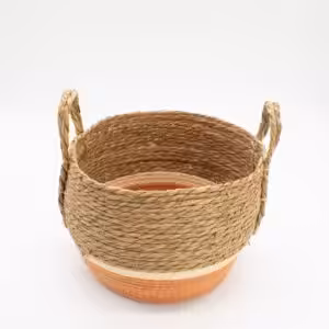 Straw & Seagrass Large Baskets - Natural & Orange- Set of 3