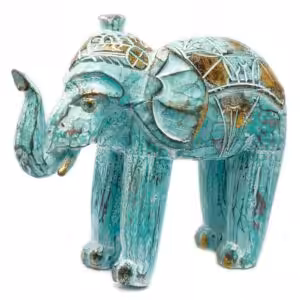 Wood Carved Elephant - Turquoise Gold