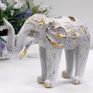 Wood Carved Elephant - White Gold